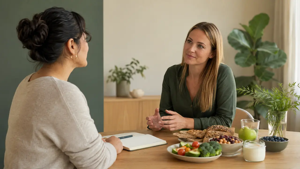 Dietist och patient samtalar om mat och hälsa